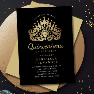 Invitation Quinceanera Princess Tiara Couronne Or noir