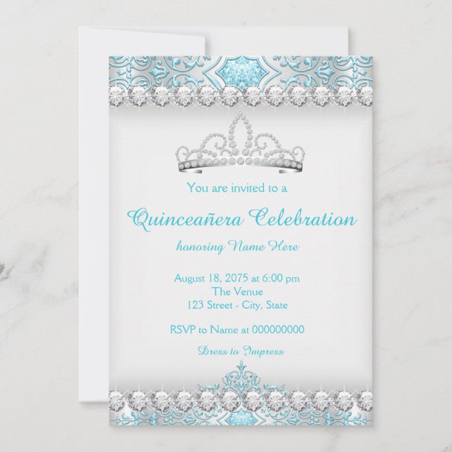 Invitation Quinceanera Princesse Bleu Turquoise et Diamant Ar (Devant)