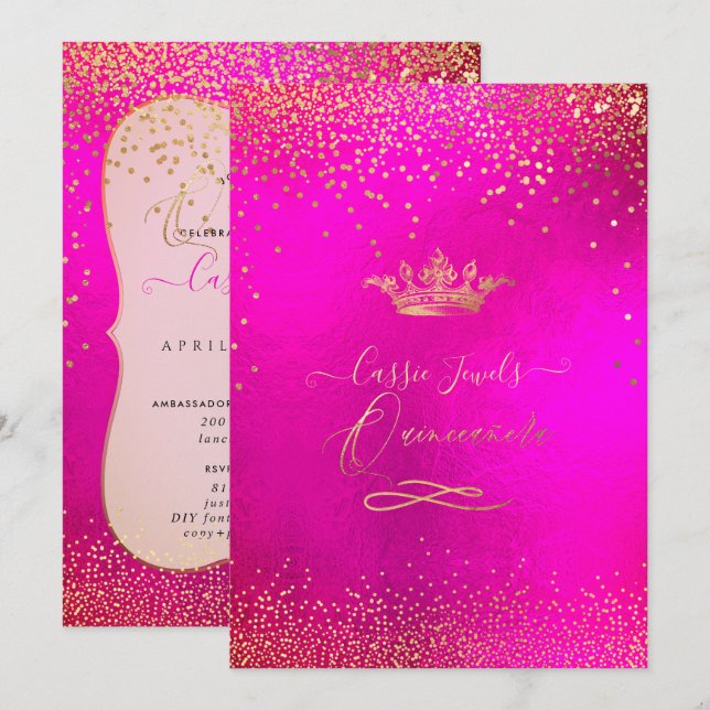 Invitation Quinceanera Princesse Couronne Faux Or Confetti Ro (Devant / Derrière)