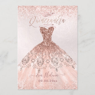 Invitation Quinceañera, Princesse Faux Rose Gold Tiara+Gown