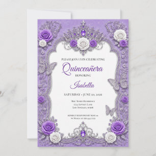 Invitation Quinceañera Princesse Fleur Argent Violet