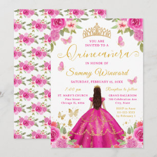 Invitation Quinceañera Princesse Fleur rose vif Diadème doré