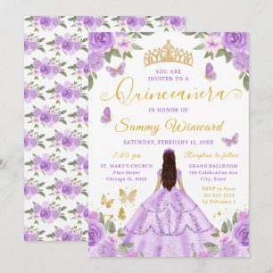 Invitation Quinceañera Princesse Fleurs Violettes Diadème Dor
