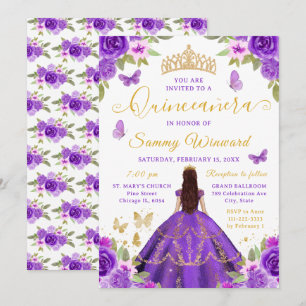 Invitation Quinceañera Princesse Fleurs Violettes Diadème Dor