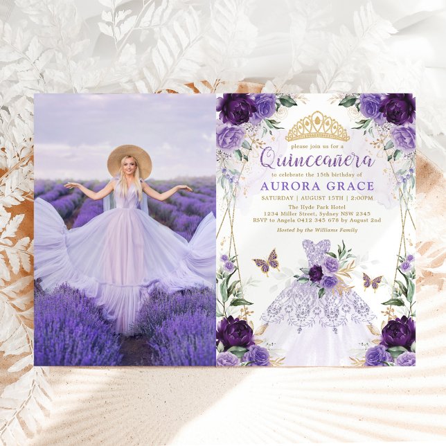 Invitation Quinceañera Princesse Robe Purple Fleur Photo (Créateur téléchargé)