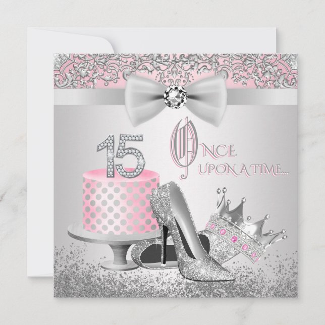 Invitation Quinceanera, princesse rose et argent (Devant)