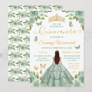 Invitation Quinceañera Princesse Vert Sauge Floral Diadème Do