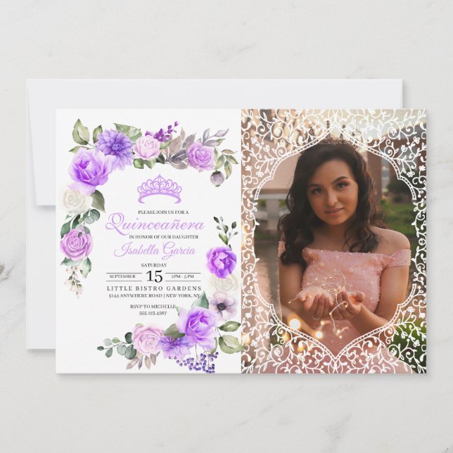 Invitation Quinceanera printanière mauve Photo : (Devant)
