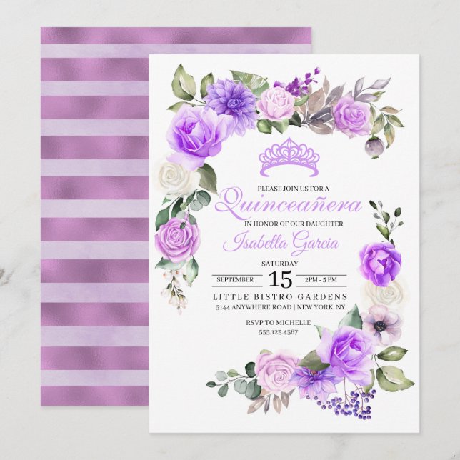 Invitation Quinceanera printanière pourpre Anniversaire Invit (Devant / Derrière)