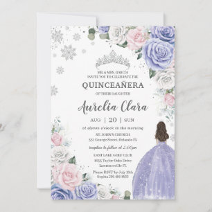 Invitation Quinceañera Purple Blanc Rose Floral Neige d'hiver