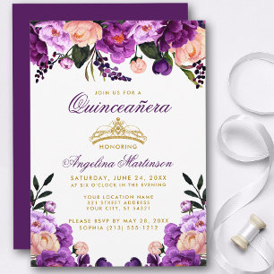 Invitation Quinceanera Purple Floral Couronne or