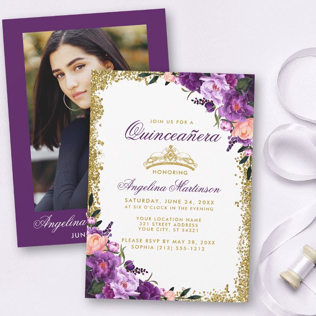 Invitation Quinceanera Purple Floral Gold Parties scintillant (Customize to change text color, style or to change color of back of card.)