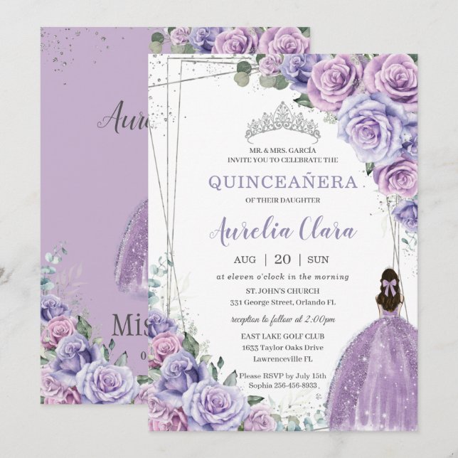Invitation Quinceañera Purple Floral Princess Argent Annivers (Devant / Derrière)