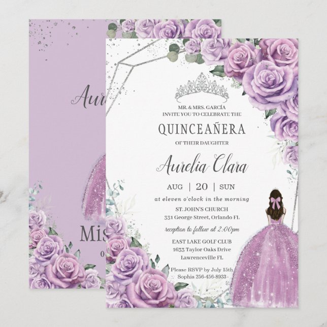 Invitation Quinceañera Purple Floral Princess Argent Annivers (Devant / Derrière)