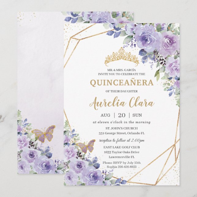 Invitation Quinceañera Purple Floral Princess Crown Butterfly (Devant / Derrière)