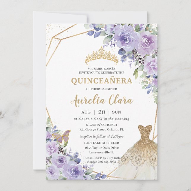 Invitation Quinceañera Purple Floral Princess Gold Gown Tiara (Devant)