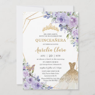 Invitation Quinceañera Purple Floral Princess Gold Gown Tiara