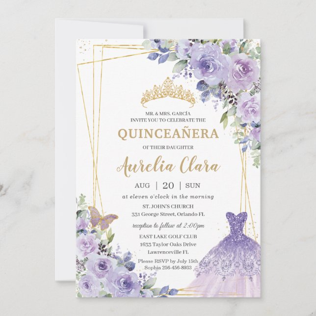 Invitation Quinceañera Purple Floral Princesse Gown Tiara (Devant)