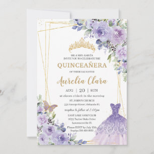 Invitation Quinceañera Purple Floral Princesse Gown Tiara