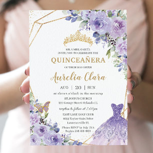 Invitation Quinceañera Purple Floral Princesse Gown Tiara Inv