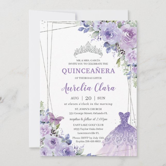 Invitation Quinceañera Purple Floral Robe Argent Tiara (Devant)