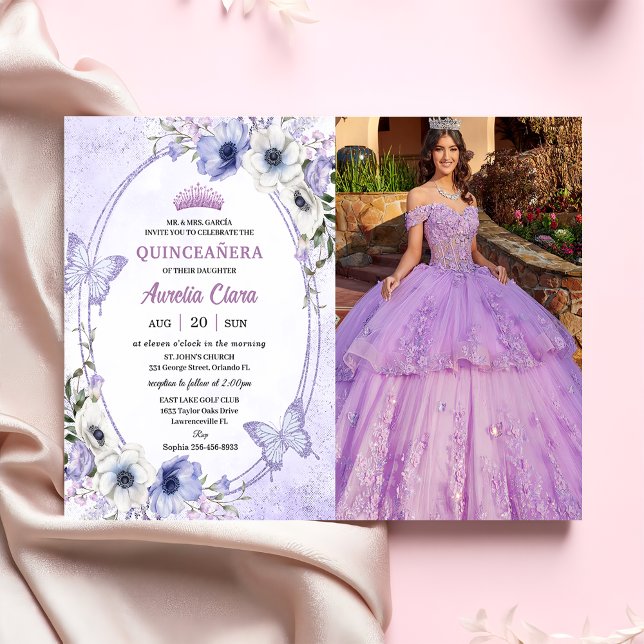 Invitation Quinceañera Purple Floral Tiara Papillons Photo (Créateur téléchargé)