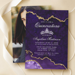Invitation Quinceanera Purple Gold Marble Agate Géode Photo