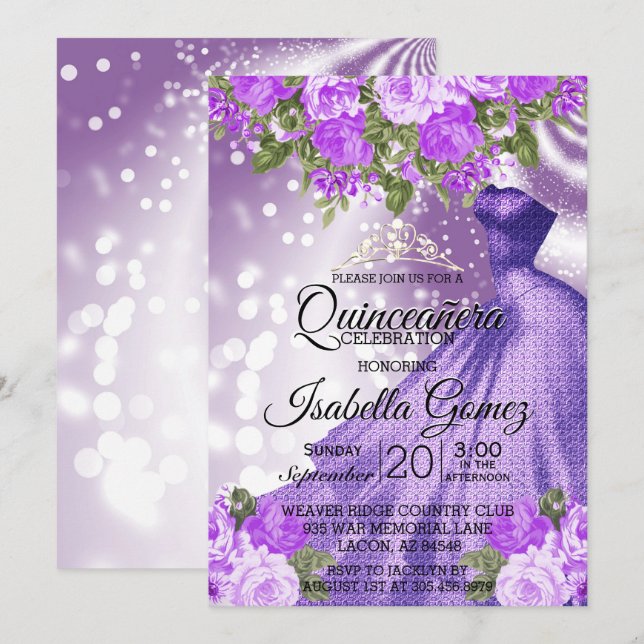 Invitation Quinceañera Purple Gown et Fleurs (Devant / Derrière)