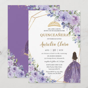 Invitation Quinceañera Purple Lavender Floral Gold Princess