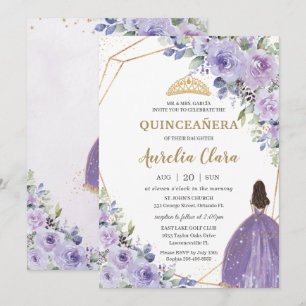 Invitation Quinceañera Purple Lavender Floral Gold Princess I