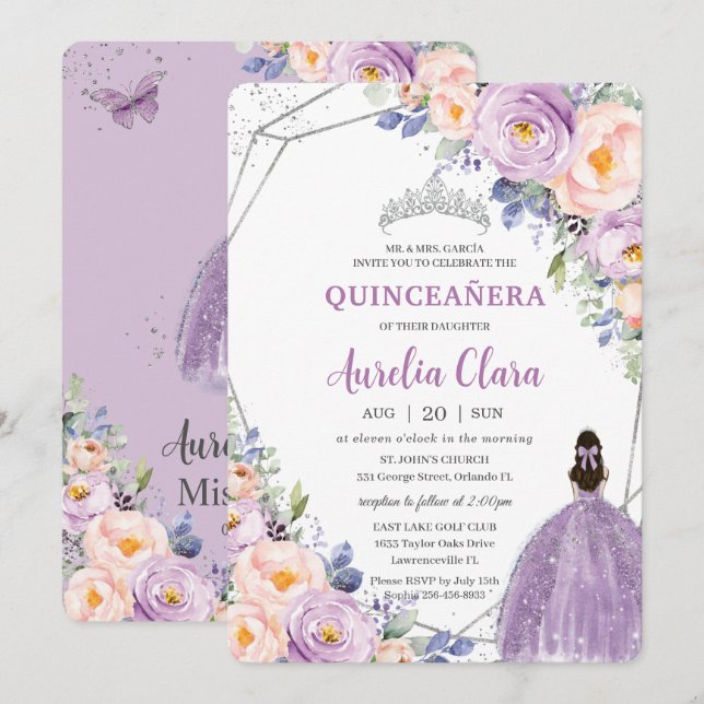 Invitation Quinceañera Purple Lilac Blush Floral Argent Robe (Devant / Derrière)