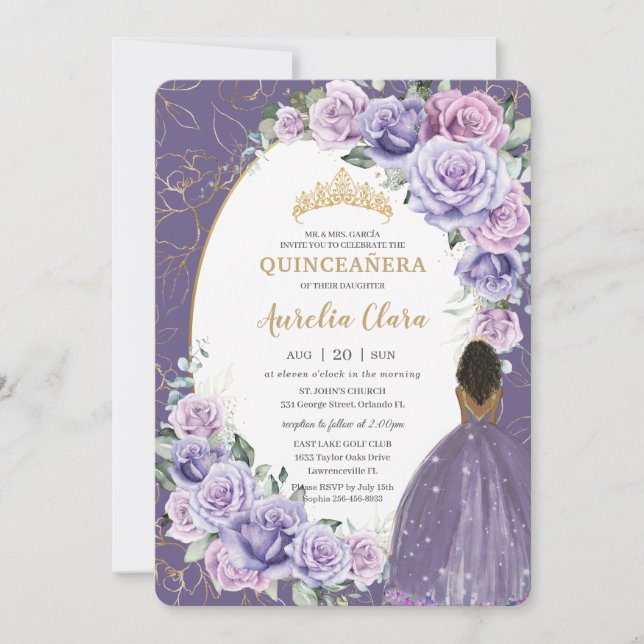 Invitation Quinceañera Purple Lilac Floral Brown Princesse (Devant)