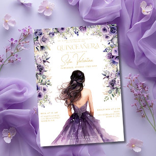 Invitation Quinceañera Purple Lilac Floral Gold Princesse Gow