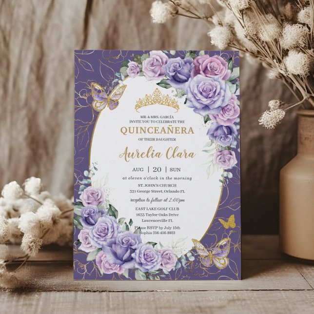 Invitation Quinceañera Purple Lilac Floral Papillons Or (Créateur téléchargé)