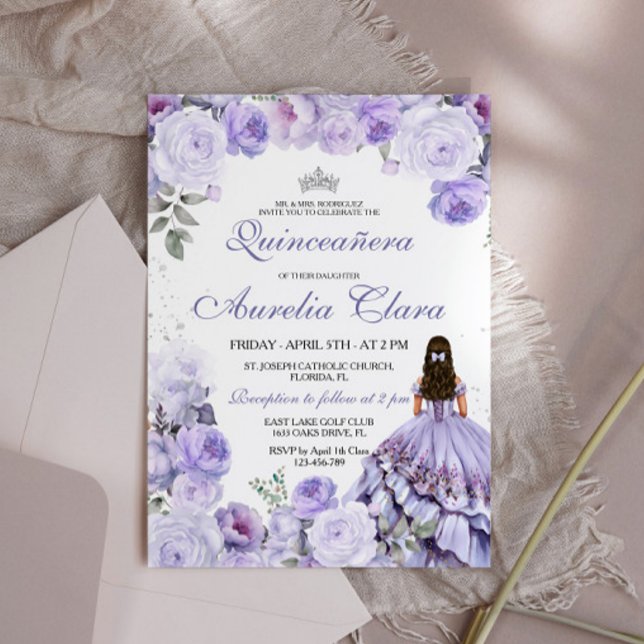 Invitation Quinceañera Purple Lilac Floral Princess Espagnol (Créateur téléchargé)