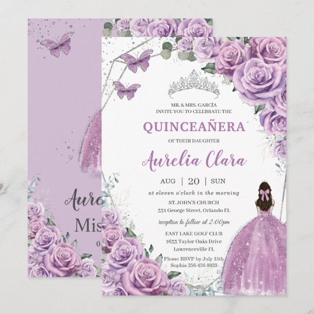 Invitation Quinceañera Purple Lilac Floral Princesse Annivers (Devant / Derrière)