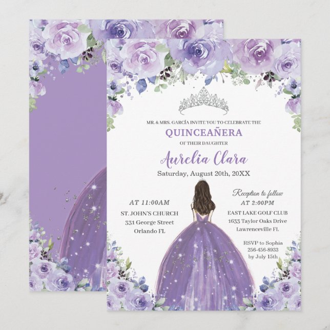 Invitation Quinceañera Purple Lilac Floral Princesse Annivers (Devant / Derrière)