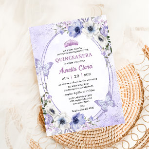 Invitation Quinceañera Purple Lilac Floral Tiara Papillons