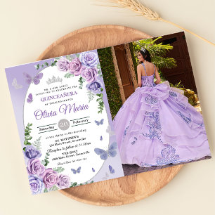 Invitation Quinceañera Purple Lilac Floral Tiara Papillons