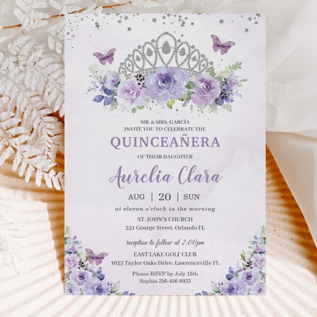 Invitation Quinceañera Purple Lilac Floral Tiara Papillons (purple-lilac-lavender-floral-silver-crown-quinceanera-sweet-sixteen-birthday-invitation-cards)