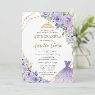 Invitation Quinceañera Purple Lilac Floral Tiara Princesse