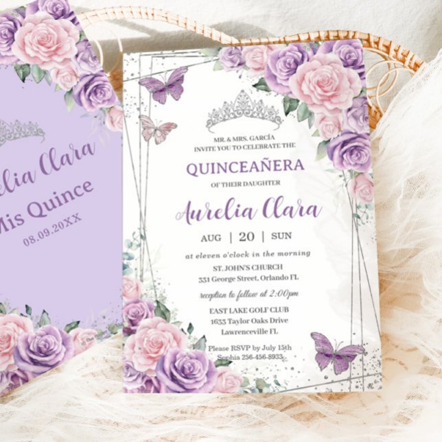 Invitation Quinceañera Purple Lilac Pink Floral Papillons (Créateur téléchargé)