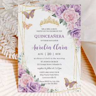 Invitation Quinceañera Purple Lilac Pink Floral Papillons