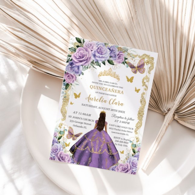 Invitation Quinceañera Purple Lilac Rose Floral Gold Princess (Créateur téléchargé)
