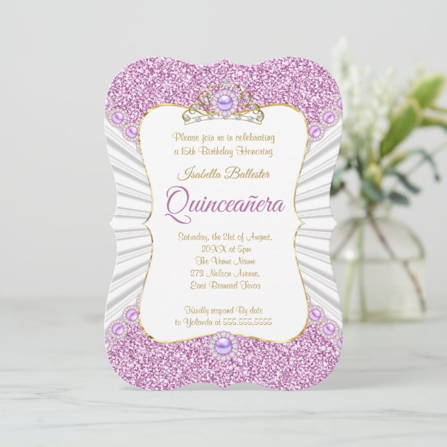Invitation Quinceanera Purple Pearl Gold fête d'anniversaire (Debout devant)