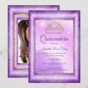 Invitation Quinceanera Purple photo Gold Tiara parti
