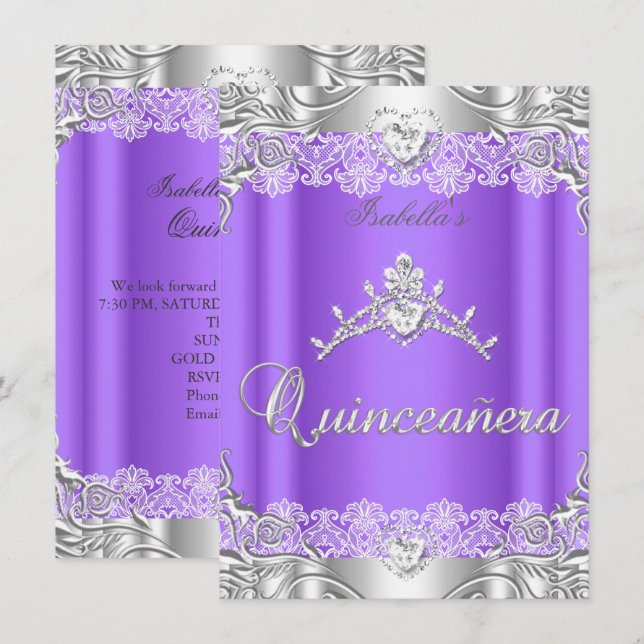 Invitation Quinceanera Purple Silver Diamond Tiara 15ème Part (Devant / Derrière)