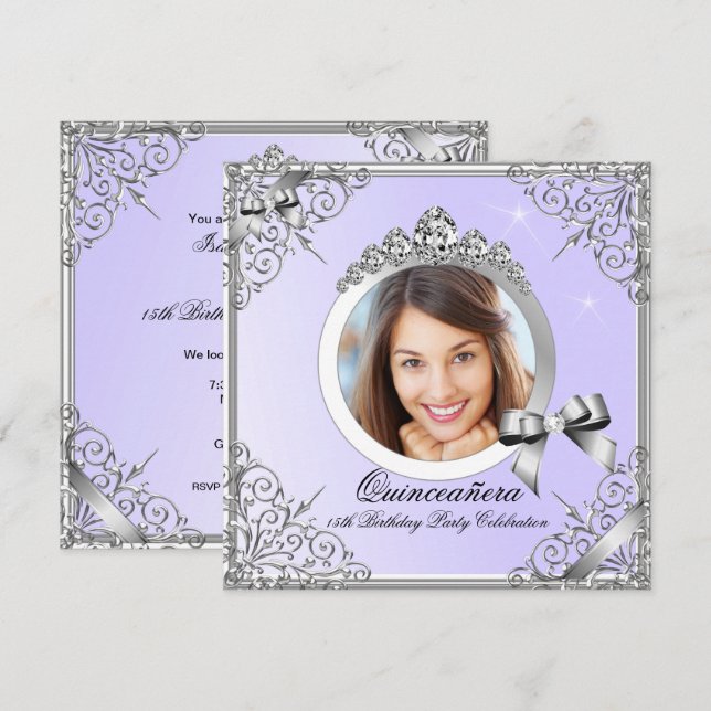 Invitation Quinceanera Purple Silver Photo 15 Anniversaire (Devant / Derrière)