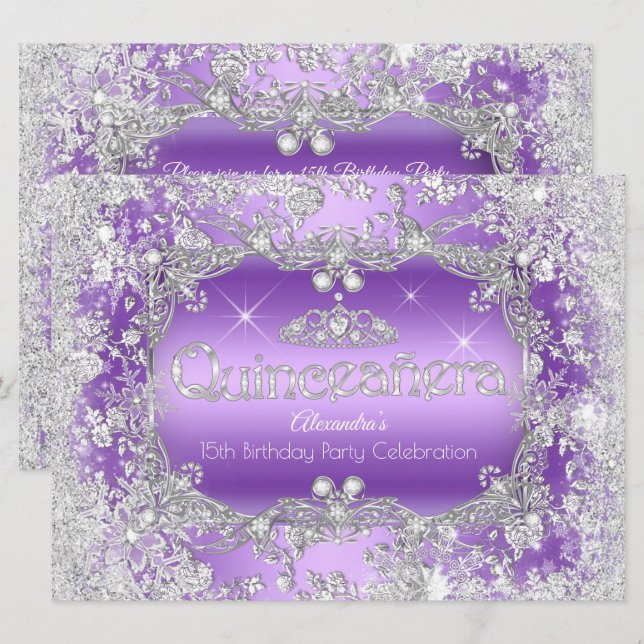 Invitation Quinceanera Purple Silver Tiara Winter Wonderland (Devant / Derrière)