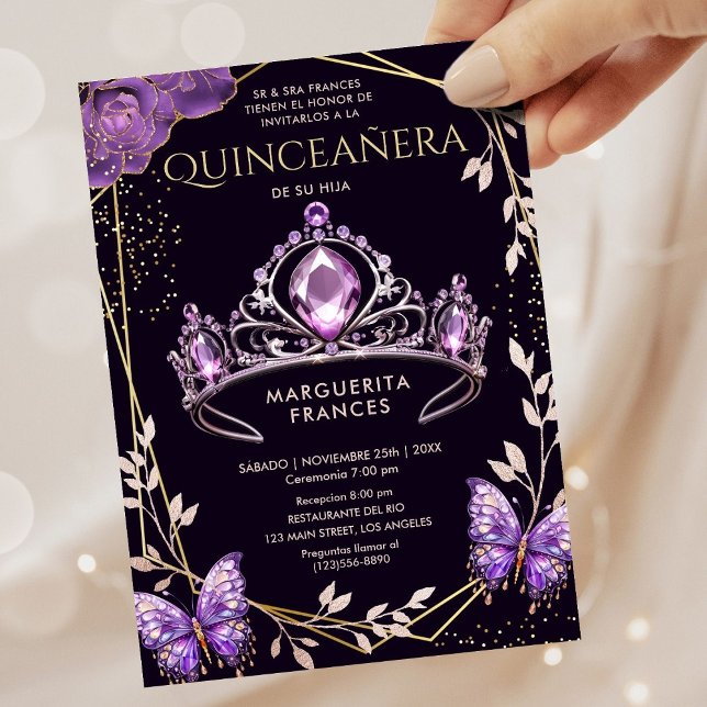 Invitation Quinceañera Purple Tiara Floral Papillon espagnol (Créateur téléchargé)
